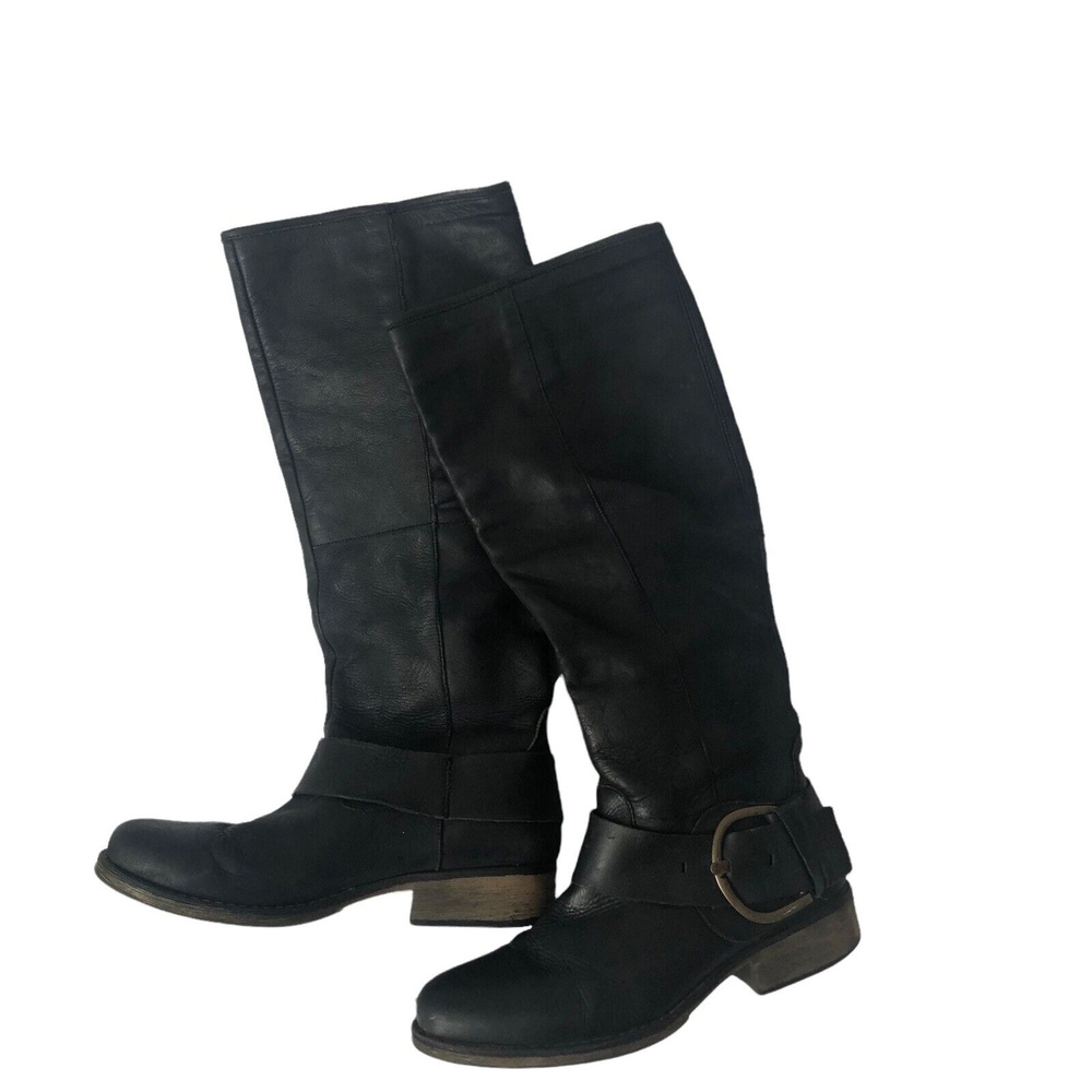 Steve Madden Women  10.5/ 11M LARENT Boots Black Pull On Buckle Tall Knee